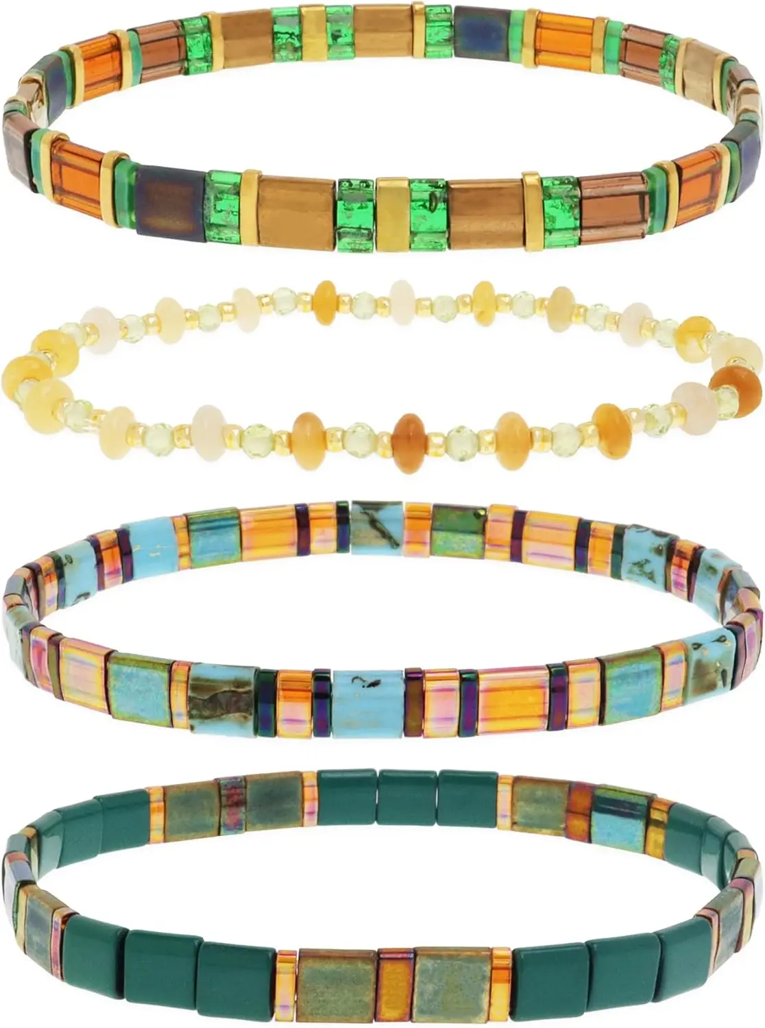 4PCS Colorful Boho Miyuki Tile Beaded Bracelets for Women, Stretch Stackable Jewelry Set, Handmade Summer Beach Gift