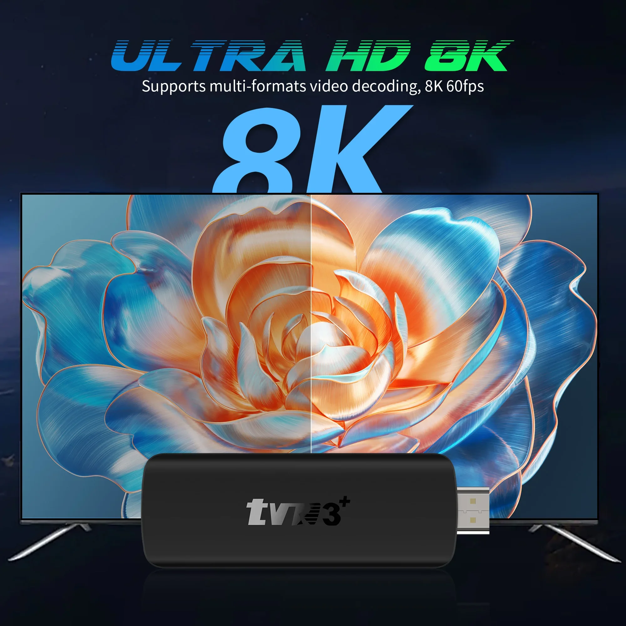 Mortal TVR3 + Android 14 TV Stick 8K Full HD WiFi 6 مشغل الوسائط اللاسلكي Google Voice Netflix BT5.0 Dual-UI Interface RK3518