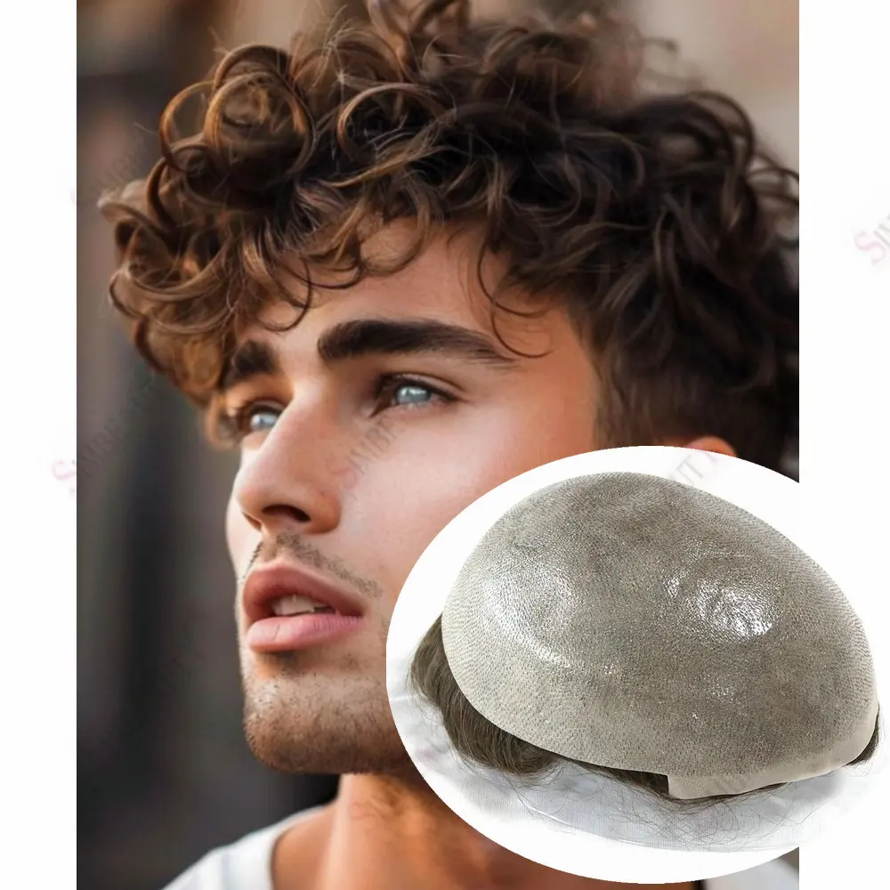 

Необнаружимый мужской 24 мм вьющийся 0,06 мм основание из микрокожи Vloop парик из натуральной линии роста волос Мужская система капиллярного протеза из человеческих волос