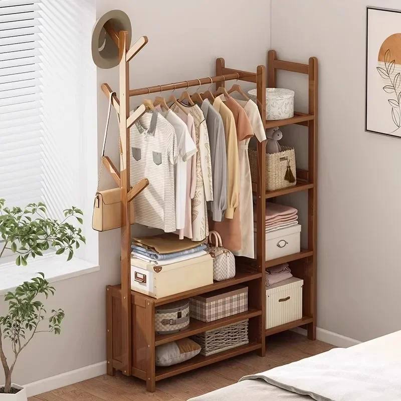 Large-capacity bamboo bedroom clothes hanger coat rack household assembly clothes storage rack simple hanging clothes wardrobe