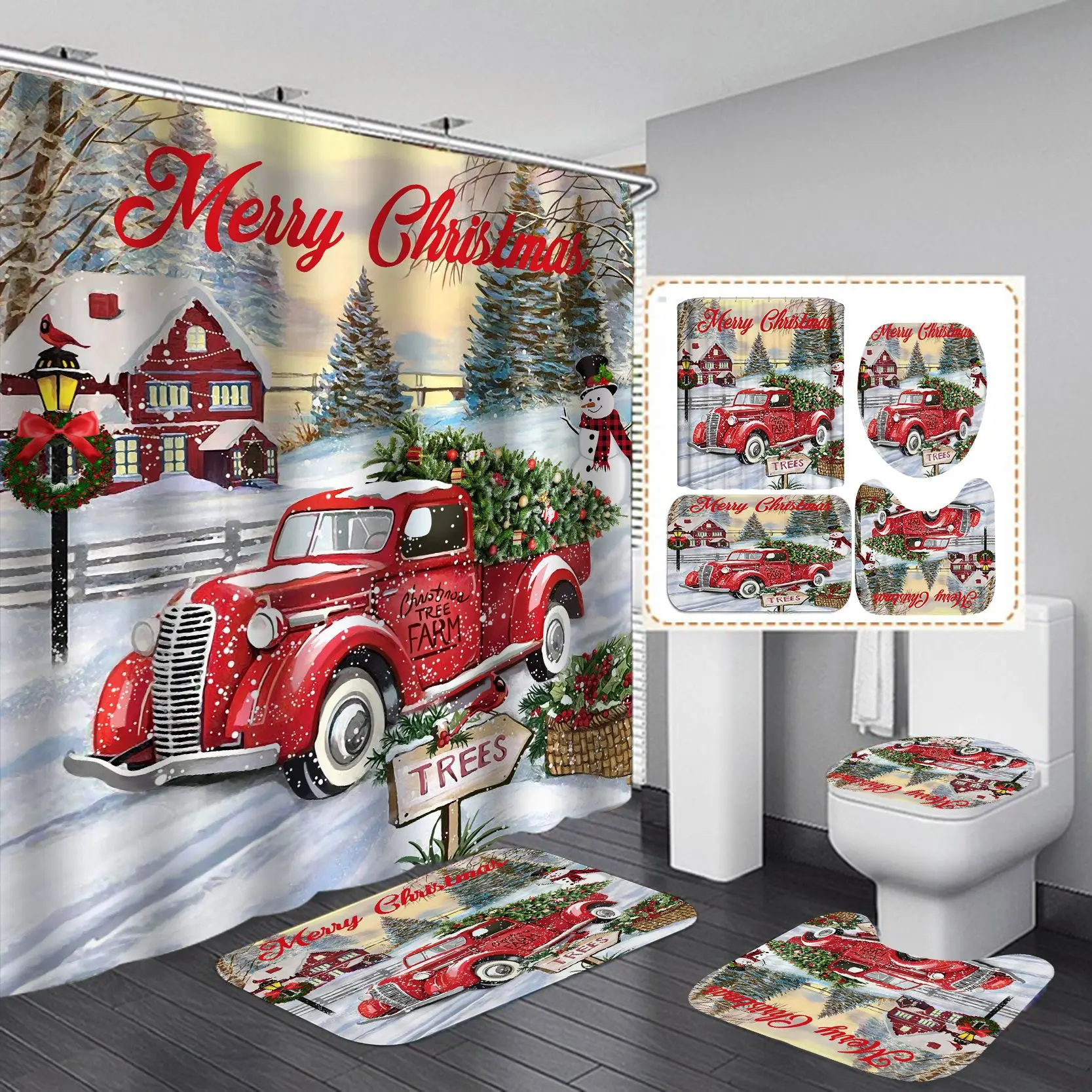 Merry Christmas Bathroom 4Pcs Set Snowman Santa Claus Pattern Waterproof Shower Curtain Toilet Cover Mat Non Slip Rug Home Decor