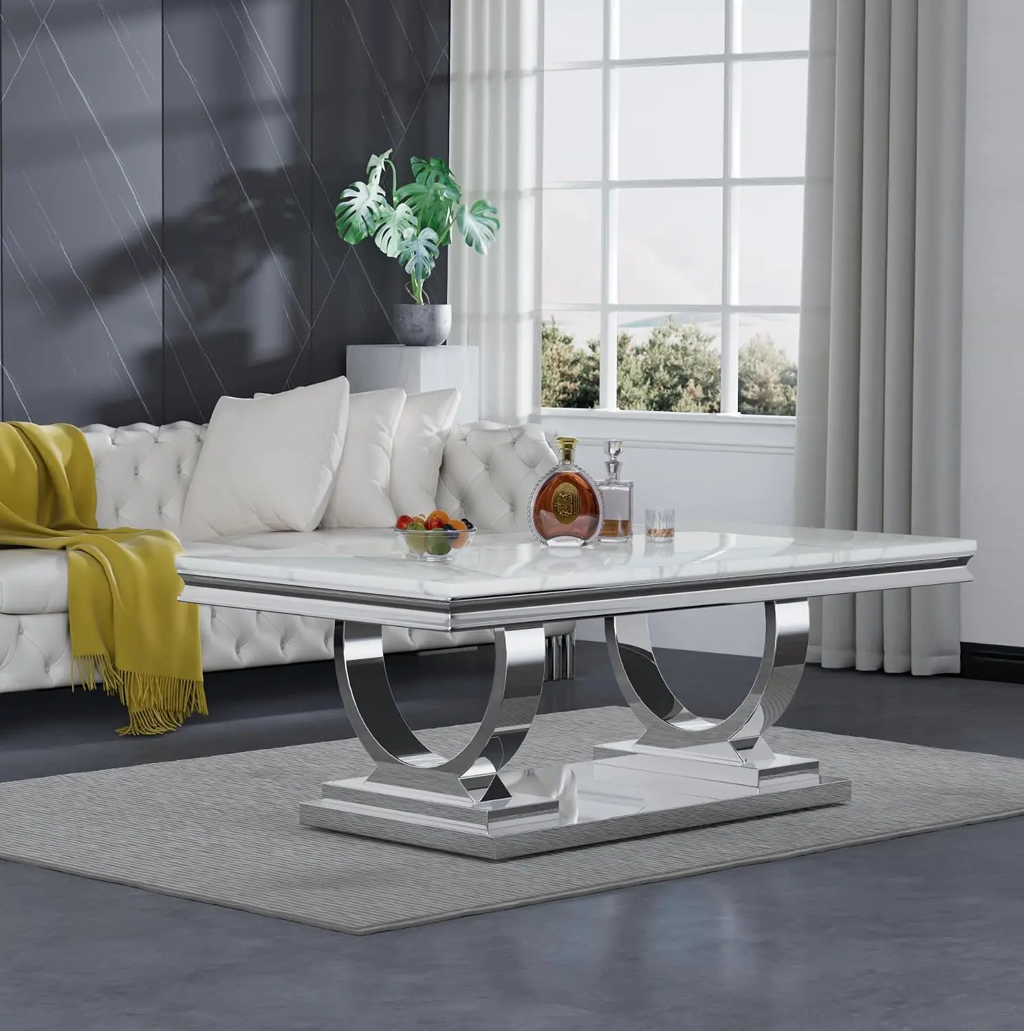 

47'' White Marble Coffee Table with High-Gloss Silver U-Shape Stainless Steel Base, Rectangle Imitation Marble Top, Customized