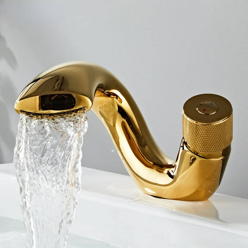 

Cold and Hot Water Faucet Waterfall Style Under the Sink Faucet Golden Creative Single Hole Deck Mounted Bathroom Basin Taps