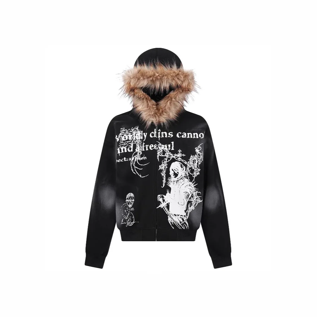 American Vintage Distressed Hooded Plush Design Sweatshirt Unisex Streetwear US EU New Fur Collar Hoodie