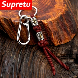 Men Viking Lanyard Keychain Stainless Steel Norse Rune Bead Woven Survival Rope Knife Car Keyring Pendant Retro Handmade Jewelry
