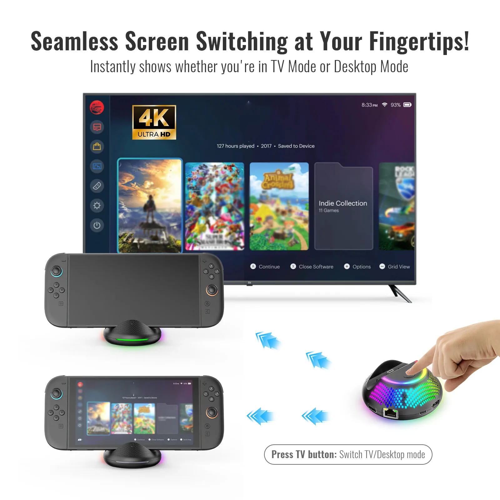 

4K TV Dock Station Converter for Switch 2, 5-in-1 Docking Station with 60Hz Output and RGB Effects