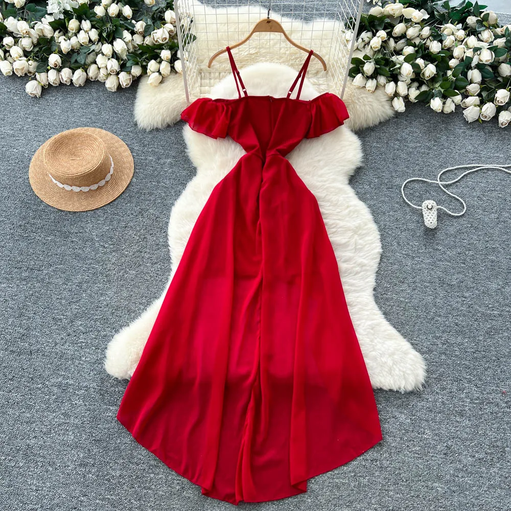 Chic vintage slash neck asymmetrical Elegant Fairy korean fashion Boho Sundress women clothing Long dress