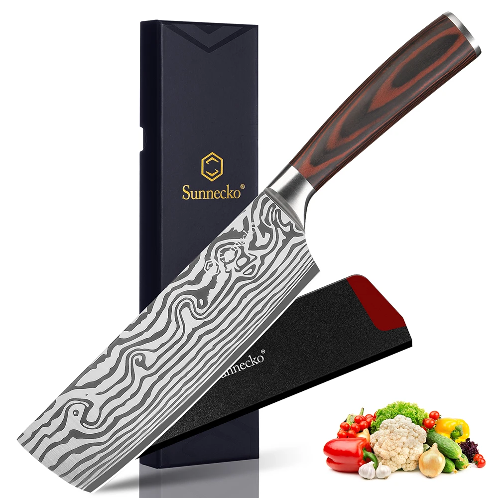 

Нож Sunnecko Nakiri Cleaver 7 дюймов/178 мм, высокоуглеродистая нержавеющая сталь, нож для резки овощей, мяса, ультра острый кухонный нож, ломтик