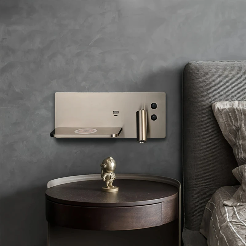 Multifunction Wall Lamp With Led Phone Wireless Charger Shelf Night Lighting Table Bed Reading Bedroom Hotel Bedside USB Sconces