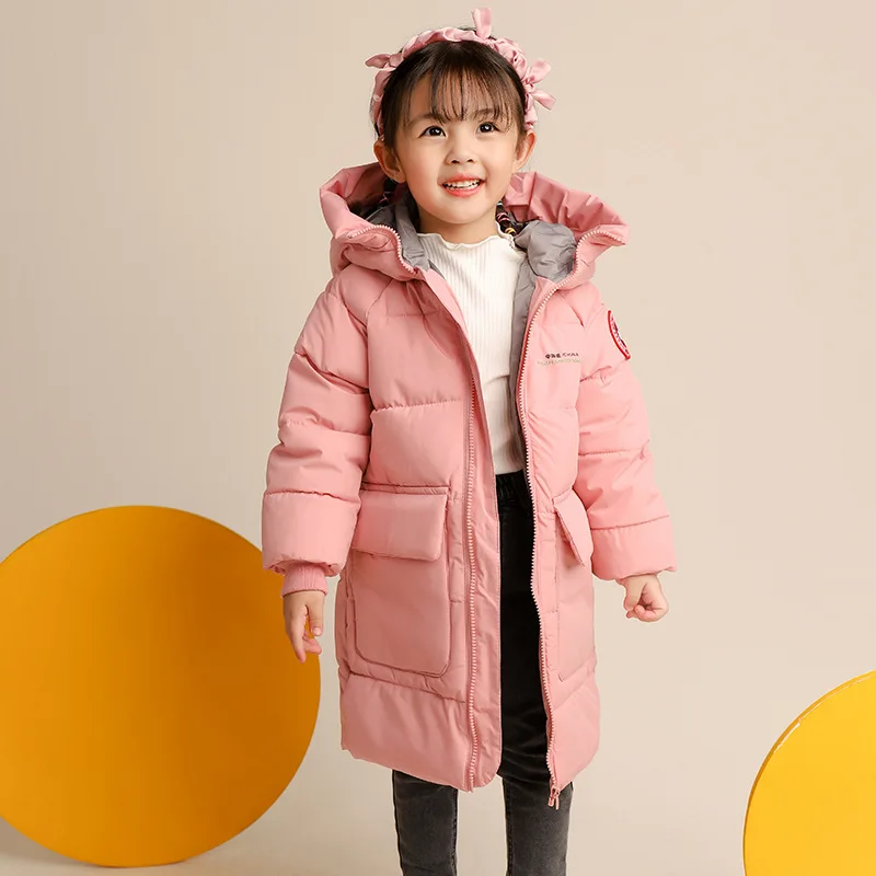 Chaqueta de plumón de algodón con cremallera para niños y niñas, prendas de vestir con capucha de 3 a 10 años, estilo medio largo, versión coreana,