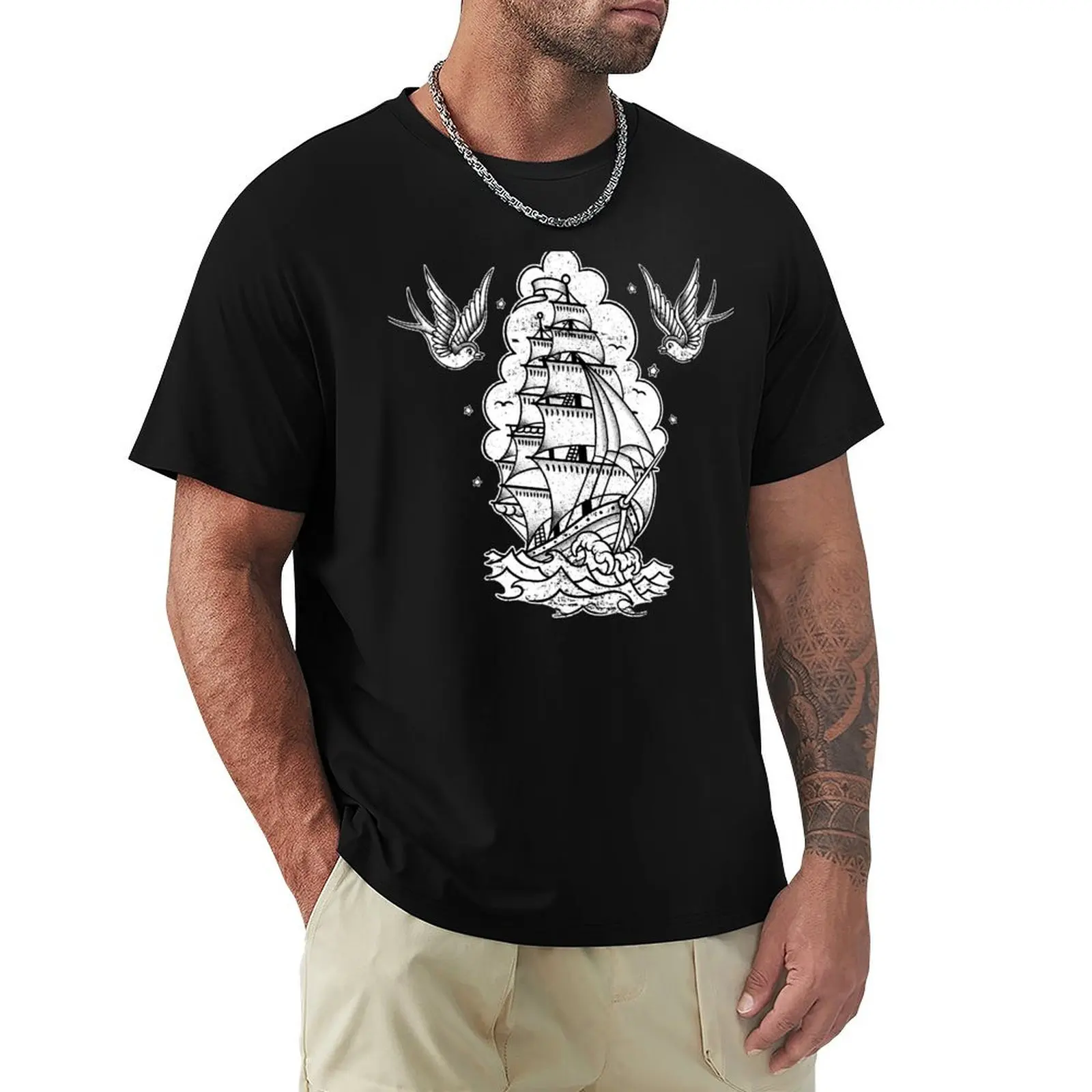 Distressed Traditional Tattoo Sailing Ship and Swallows T-Shirt Casual Lightweight Short Sleeve Top