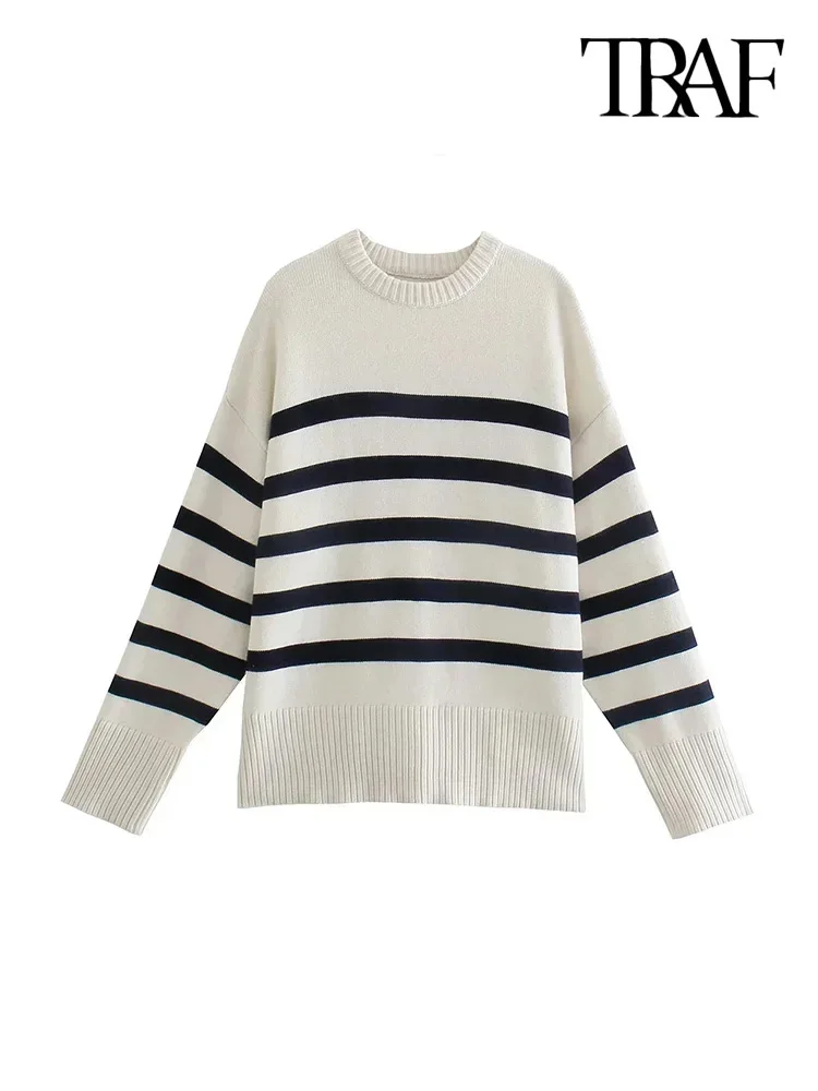 TRAF Fashion Oversized Striped Pullovers Women Knitted Basic Autumn Winter Loose-Fitting Thick Jumpers Sweaters Female Clothing