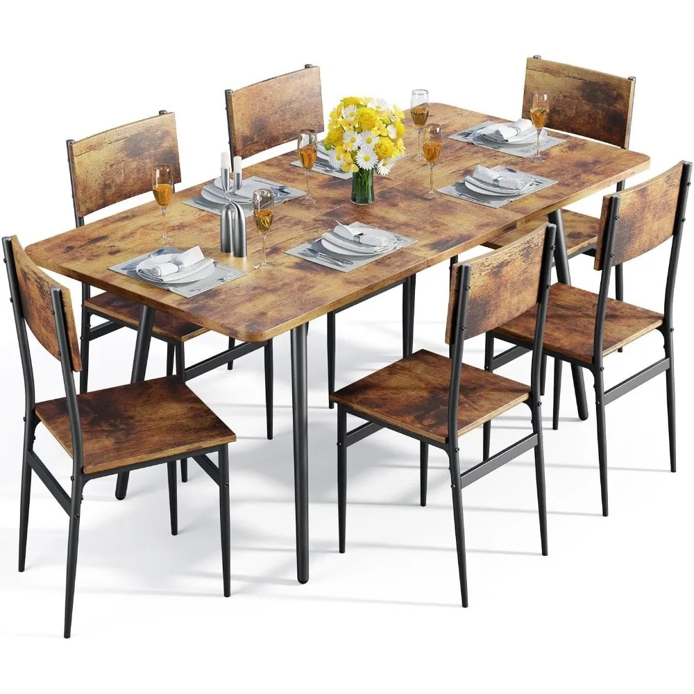 63” Extendable Dining Table Set for 4-6 People, 7-Piece Dining Table Set for 6 People with 6 Chairs, MDF Wood Board Kitchen Tabl