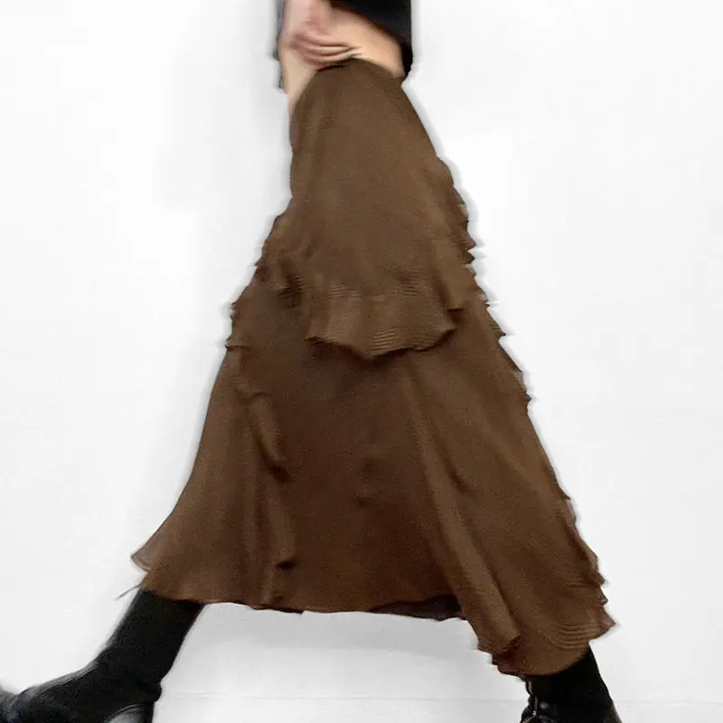 Long Skirts Ruffles Irregular Splicing Streetwear Chic Solid Bottoms Y2K Casual Aesthetic Vintage A-Line Skirt