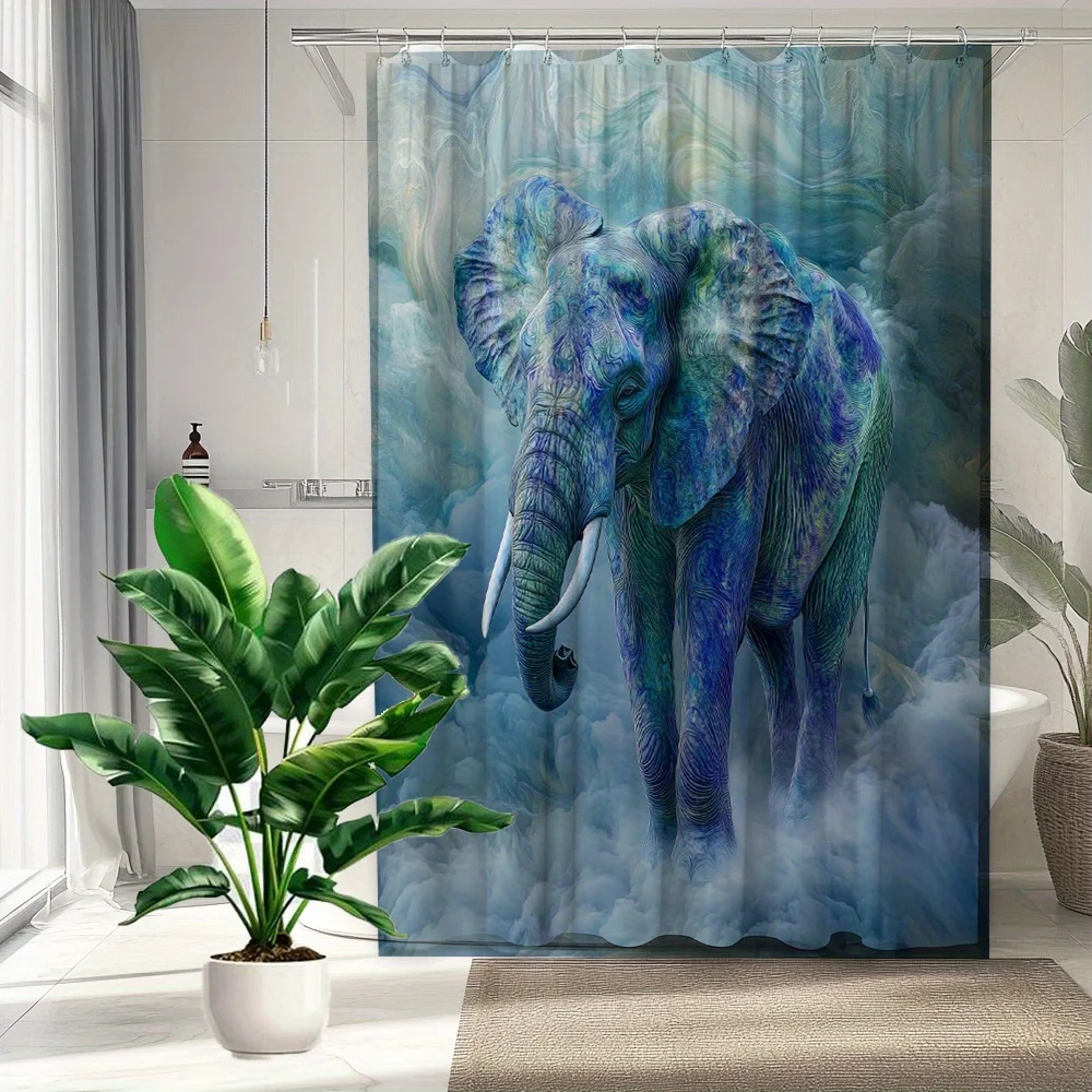 

Elephant Pattern Shower Curtain - Lifelike Natural Landscape, Polyester Bath Decor, 12 Hooks, Bathtub Partition Hanging Cloth