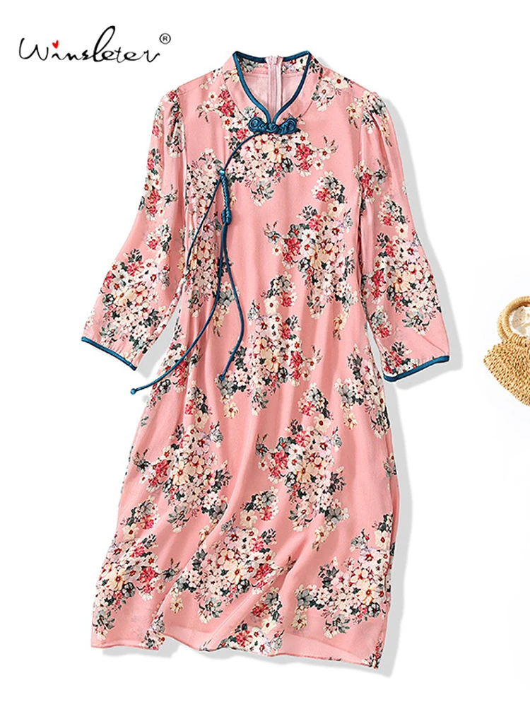 

Winsleter-100%Real Silk Elegant Dress For Women, Stand 3/4 Sleeve Print, Retro Commute Cheongsam Dresses, 2025 Summer D57174CC