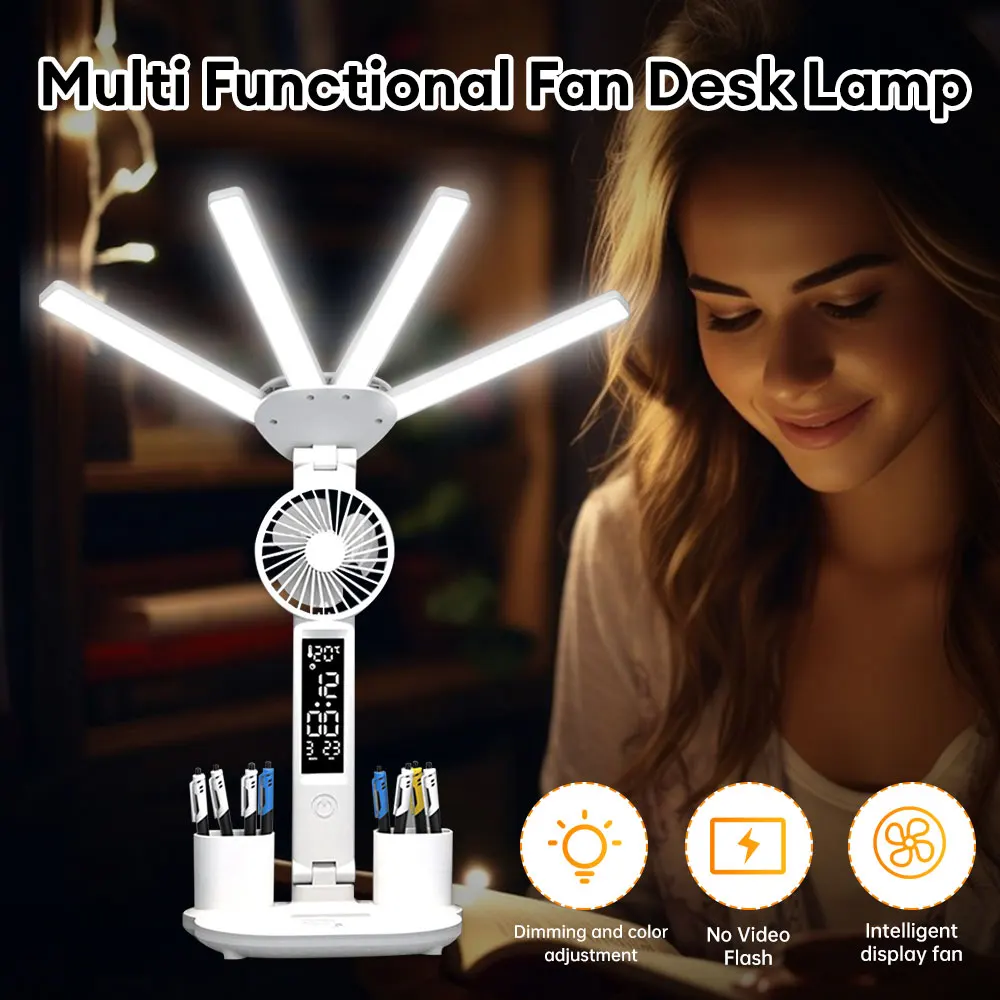 

Rechargeable Table Lamp with Fan Four-head Folding Desk Lamp Reading Light LED Book Light Clock Calendar Dispaly Reading Lamp