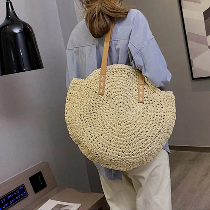 Palha Crochet Ombro Redondo Nova Bolsa de Ombro Único Praia Moda Simples Artístico Lazer Viagem