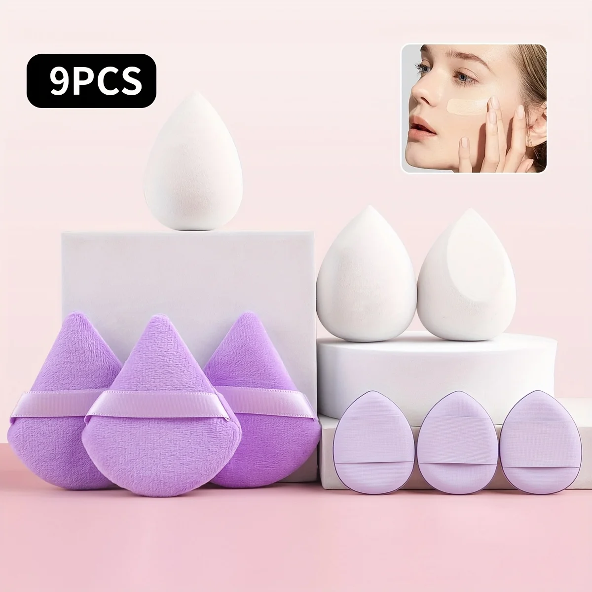 طقم إسفنجة احترافية مكون من 9 قطع: 3 مروحة + 3 بيض + 3 خلاطات وسائد |   هيبوالرجينيك للمكياج السائل/المسحوق |   أدوات تطبيق مستحضرات التجميل للسفر