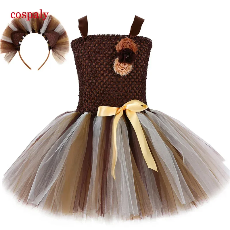 Brown Lion King Tutu Dress For Girls Birthday Jungle Party Dresses Toddler Kids Carnival Halloween Animal Theme Costume Vestidos