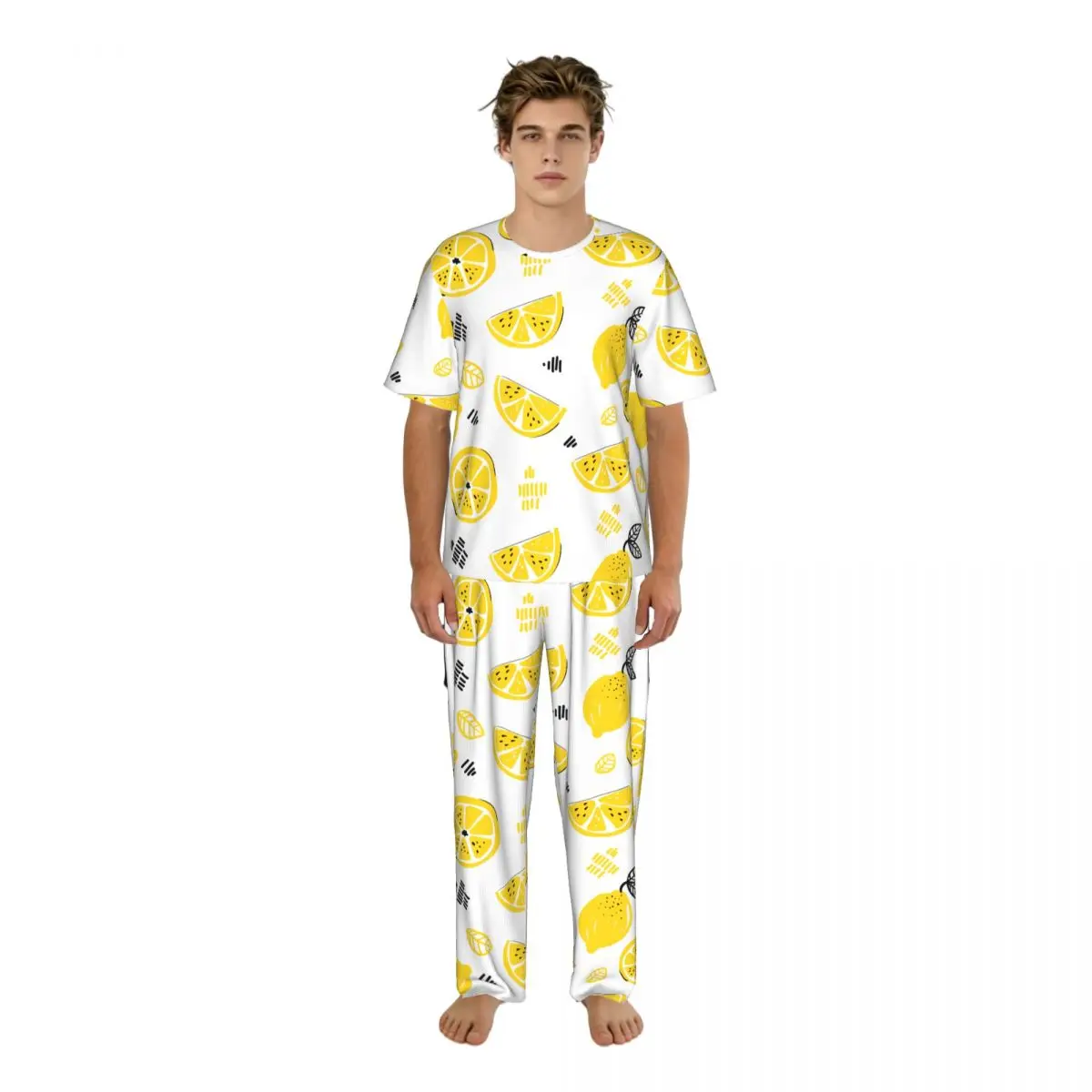 

Men's short-sleeved pajamas two-piece trousers Lemon Pattern home wear suit sleepwear