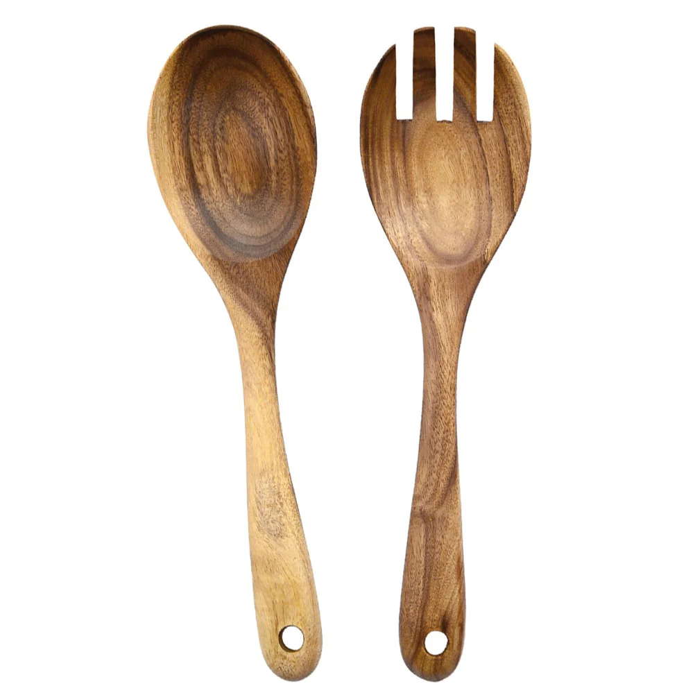 

2pcs Wooden Salad Fork Spoon Set, Solid Wood Flatware For Tossing Serving, , Picnic Fruit Cutlery, Dinner