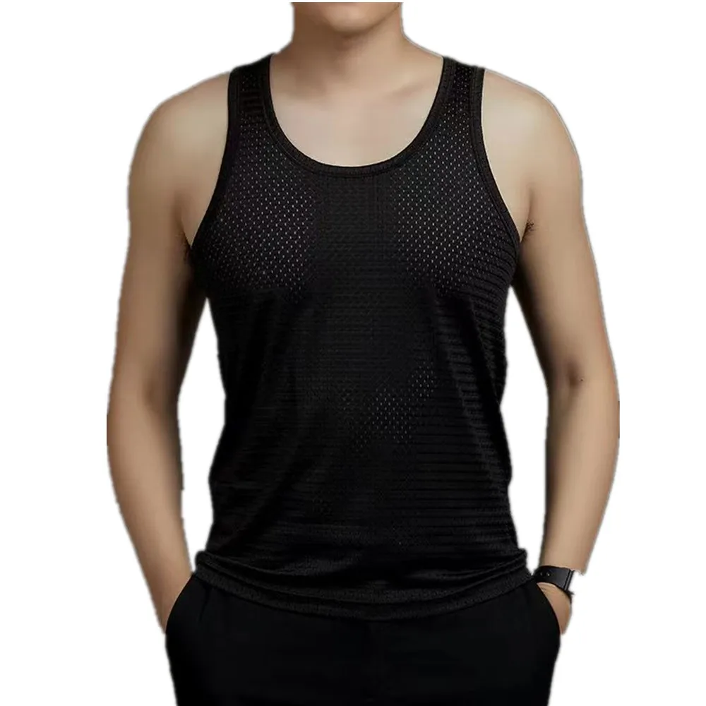 Men's Ice Silk Mesh Tank Top with Hollow Holds for Cool Outwear, Fitness Top, Sports Loose and Quick Drying Clothes