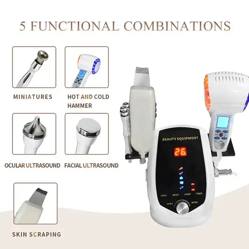 5 in 1ポータブル超音波ダイヤモンドマイクロダーマブレーションマシン、温冷ハンマーフェイススクラバー、スキンケアツール、超音波スクラバー