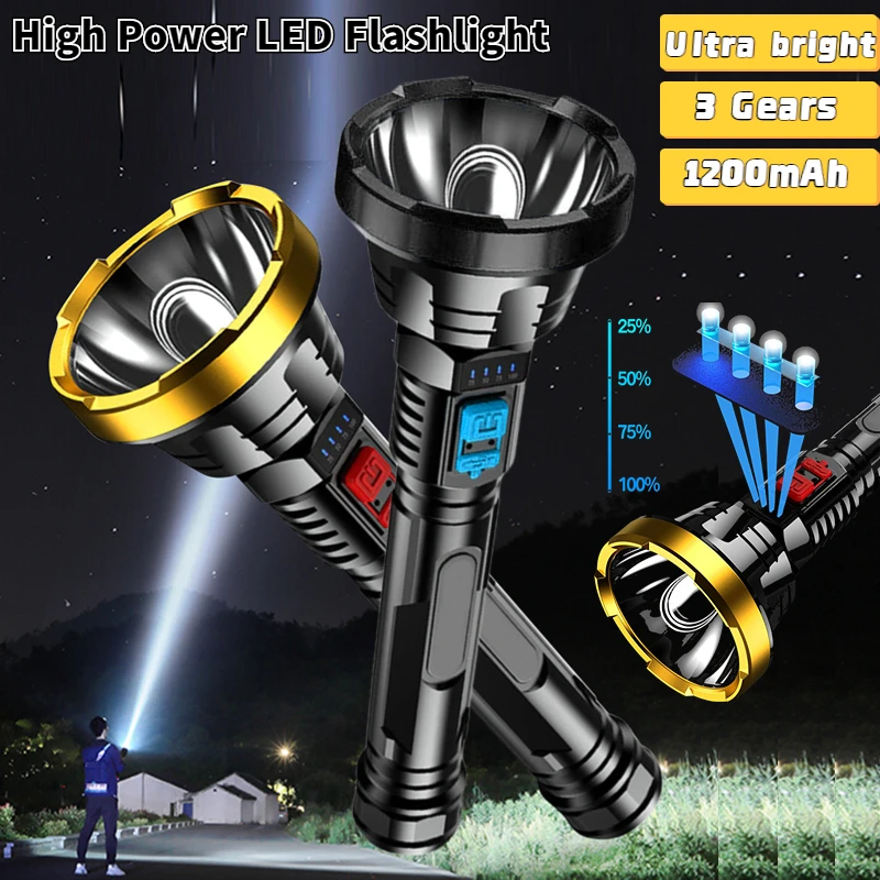 LED Flashlight High Power Torch Light USB Rechargeable Strong Light Flashlight Portable Tactical Lantern for Outdoor Camping