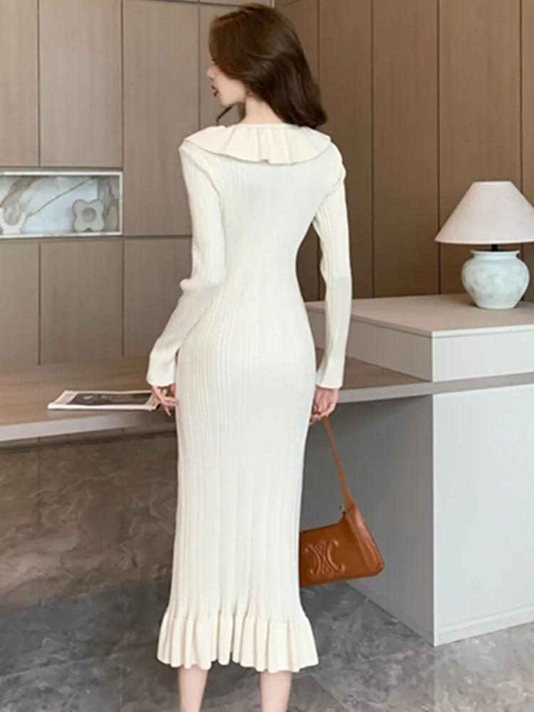 SMTHMA Women Autumn Ruffle Knitted Dress O Neck Sexy Slim Elastic Bodycon Sweater Dress Winter Knit Warm  Mermaid Long Dress