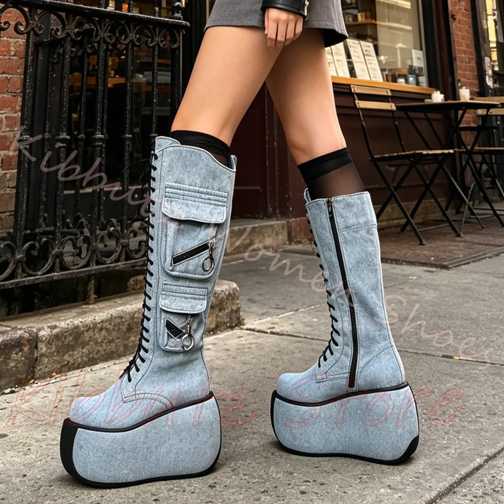 Pocket Knee High Platform Boots Full Lace Up Side Zip Denim Leather Utility Zipper Y2K Rugged Elevated Sole Casual Fashion Shoes