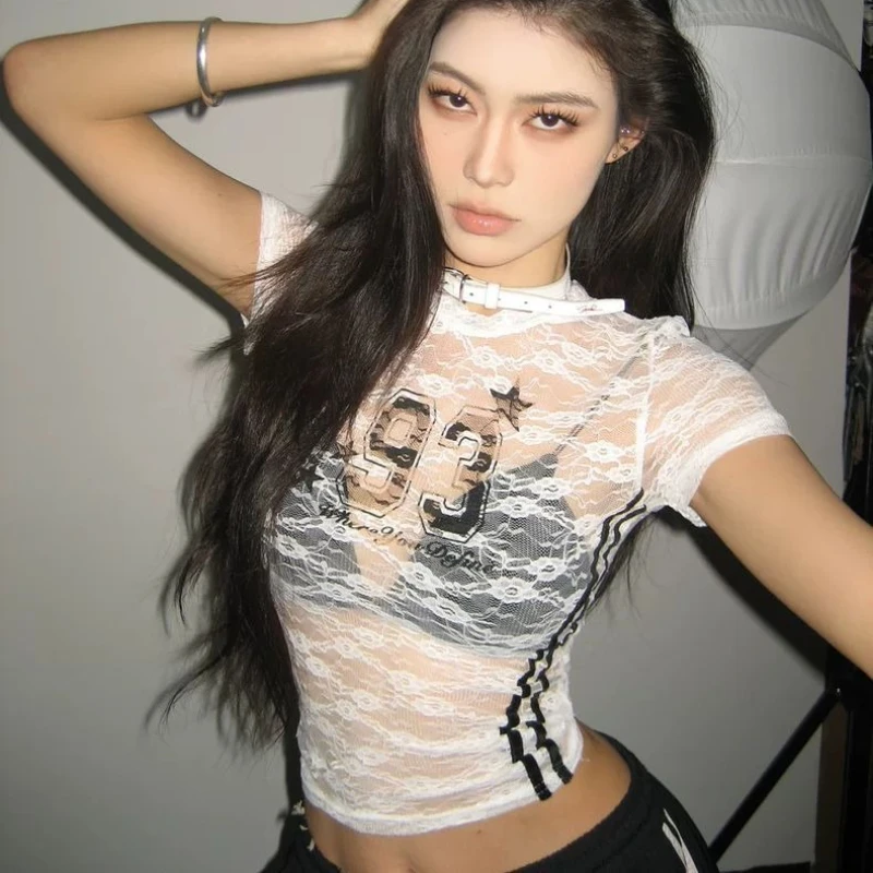 Deeptown Sexy Lace See-through T-Shirts Women American Retro Y2k Crop Tops Punk Streetwear Summer Short Sleeve T-Shirt Aesthetic