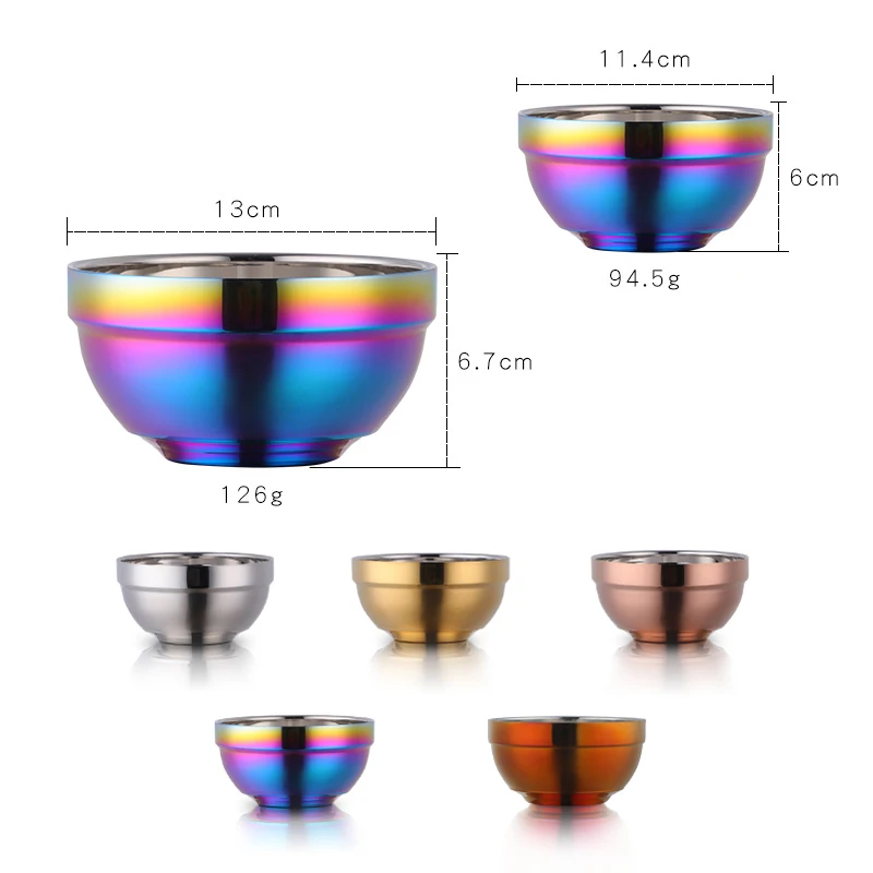 Small&Big Stainless Steel Chinese Rainbow Round Bowl Rice Soup Double Hot Insulation Container Noodle Bowl Kitchen Tableware