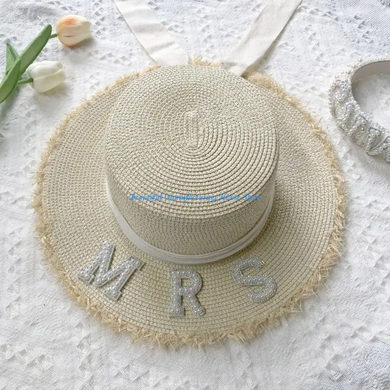 

E56A Bride Hat with Pearl BRIDE/MRS Letter Decors Elegant Bride Hat Straw Weaving Hat