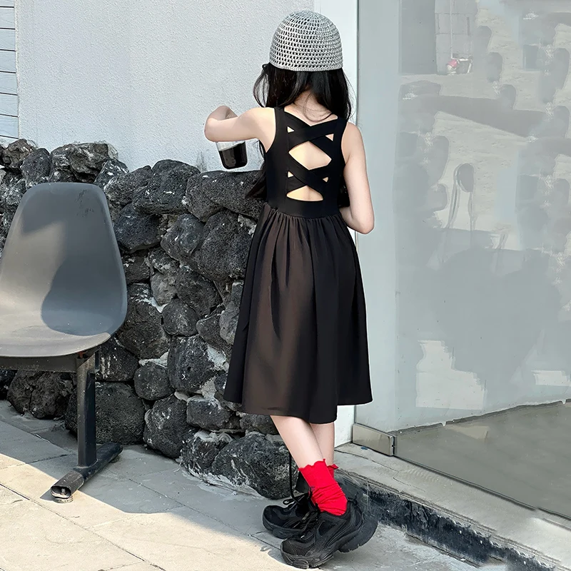 

2025 Girls Summer Dresses Black A-Line Princess Dress Back Hollow Fashion Children Casual Dress Elegant Girl Clothing Vestido 8T