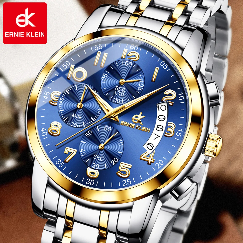 

ERNIE KLEIN Original Quartz Men Watch Gold Stainless Steel Waterproof Chronograph Luxury Top Brand Number Dial Men's Wristwatc