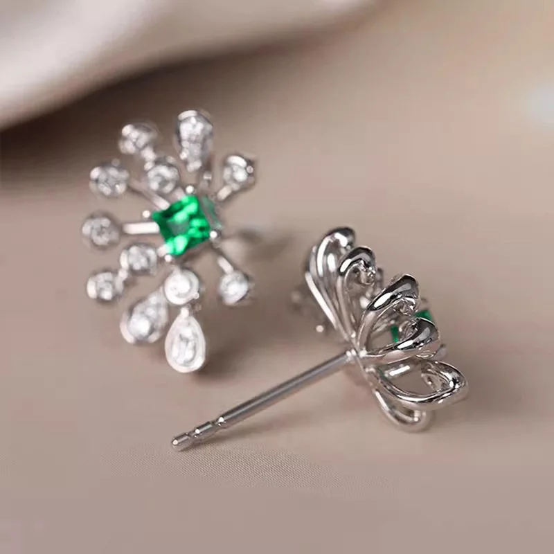 Boucles d'oreilles en argent regardé 925 avec design floral, banquet de tempérament féminin, boucles d'oreilles à la mode, bijoux en zircone verte contre-indiqués, nouveau