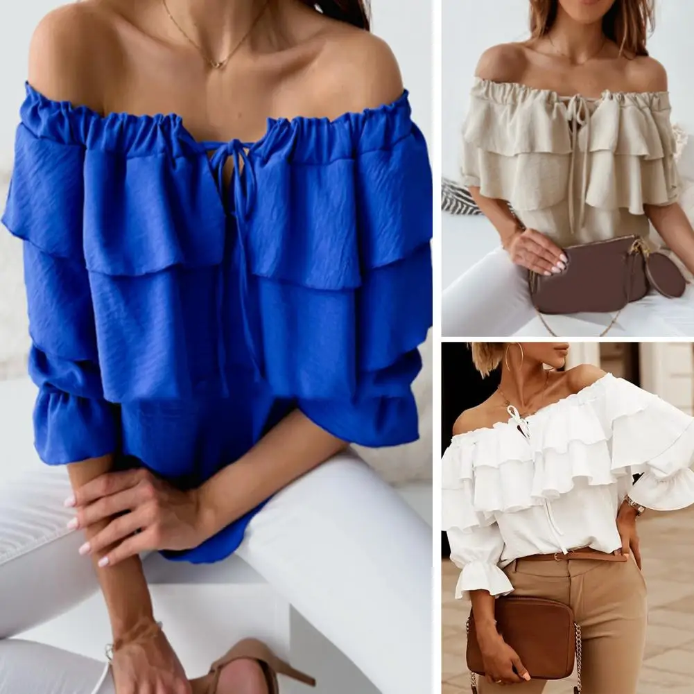 women's ruffle top Lightweight Off Shoulder Lantern Long Sleeve Pullover Top Pure Colors Comfy women's t-shirt streetwear