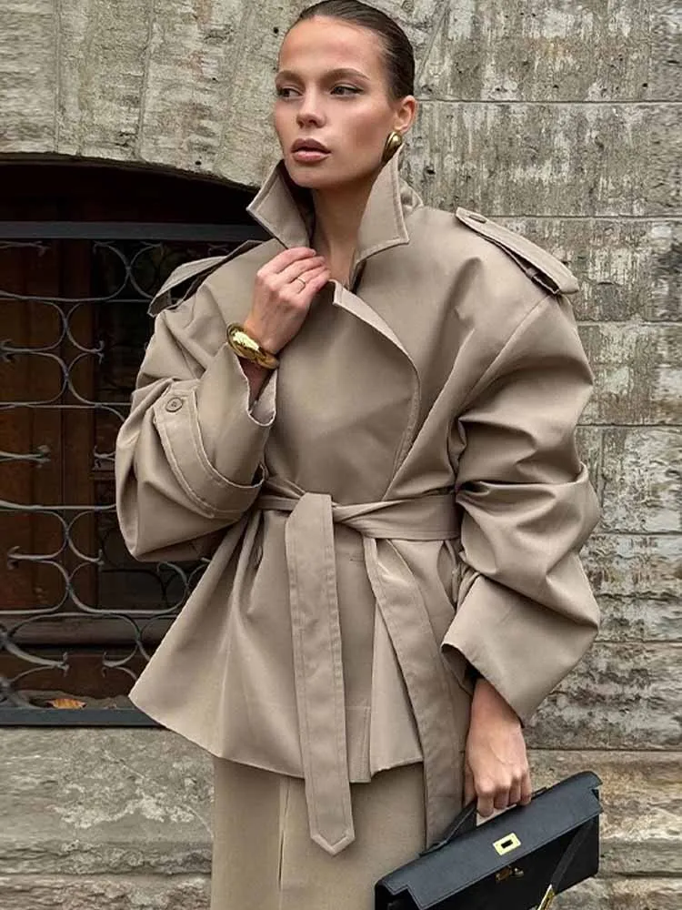 

BKQU Chic Street Lace Up Overcoat Women Lapel Full Sleeve Double Breasted Loose Trench Coat 2025 Autumn New Commute Lady Outwear
