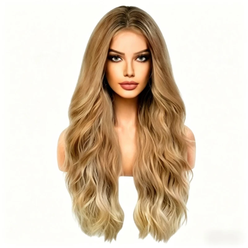 Women European Style Fashion Full Head Wig Golden Middle Part Long Curly Wig Easy To Shape for Daily Wear