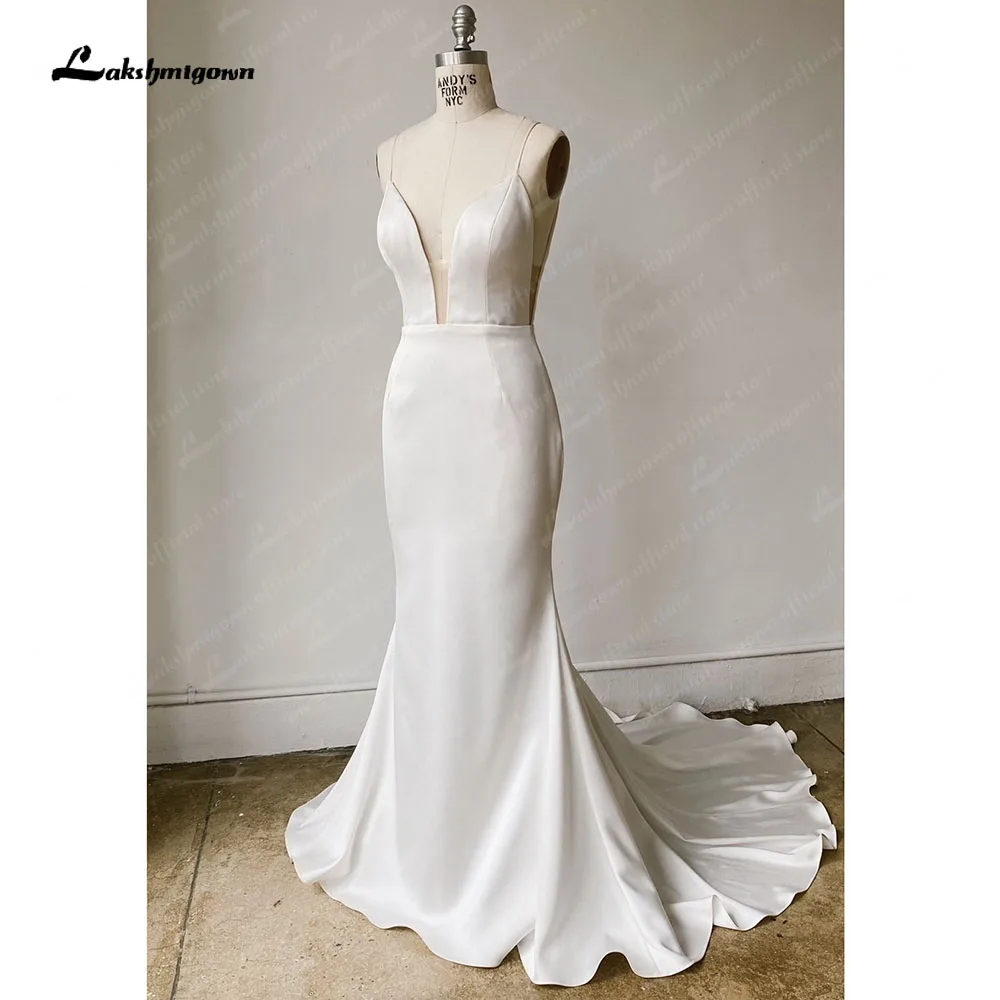 Lakshmigown Simple Satin Wedding Dress Spaghetti Straps Long Train Backless Buttons Draped Trailing V Neck Bridal Gowns