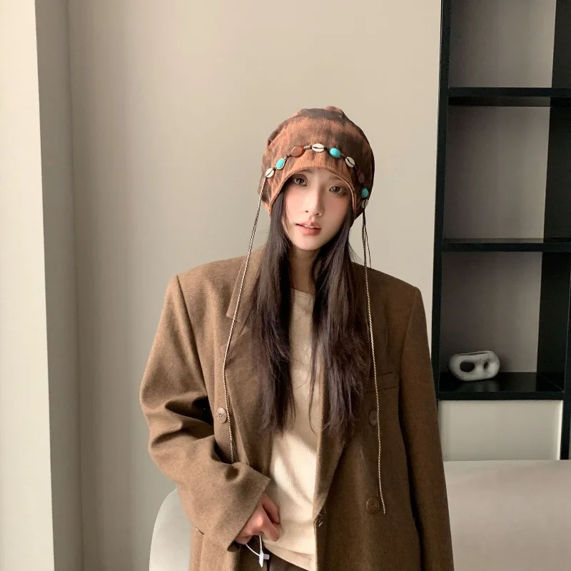 Women's Bohemian Tassel Pile Hat Coffee Color Big Head Circumference Autumn Winter Warm Toe Cap Cold Weather Accessory