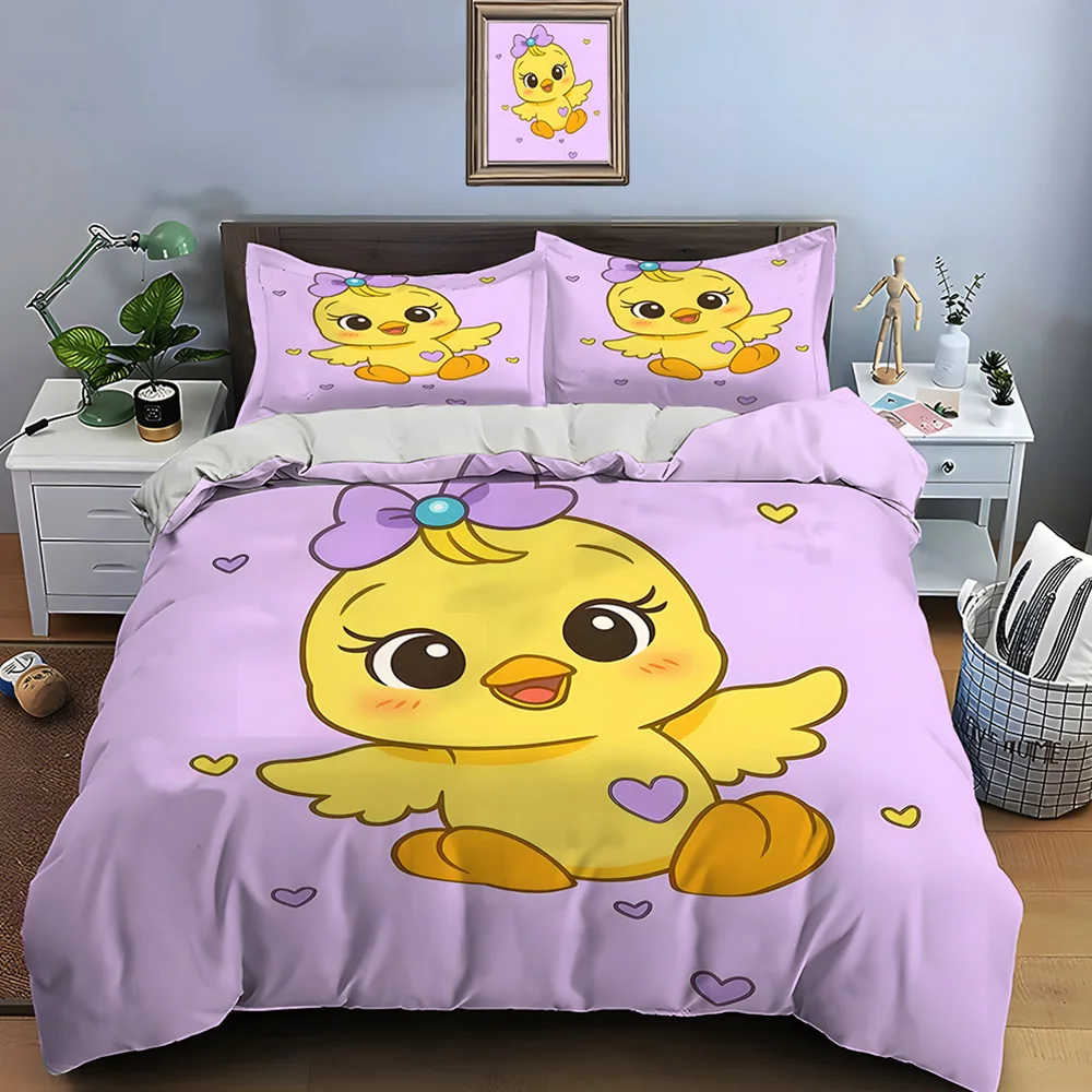 

Cute yellow chick with purple bow Bedding Set for Kids Luxury Gift 3pcs Digital Print Comforter Set Soft Comfortable Breathable