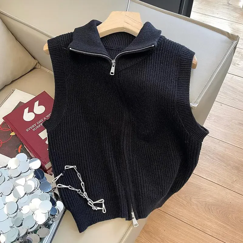 2024 Grey Knitted Vest Cropped Sleeveless Vests For Women Streetwear zip Up Waistcoat Knit Vest Fashion Autumn Sweater