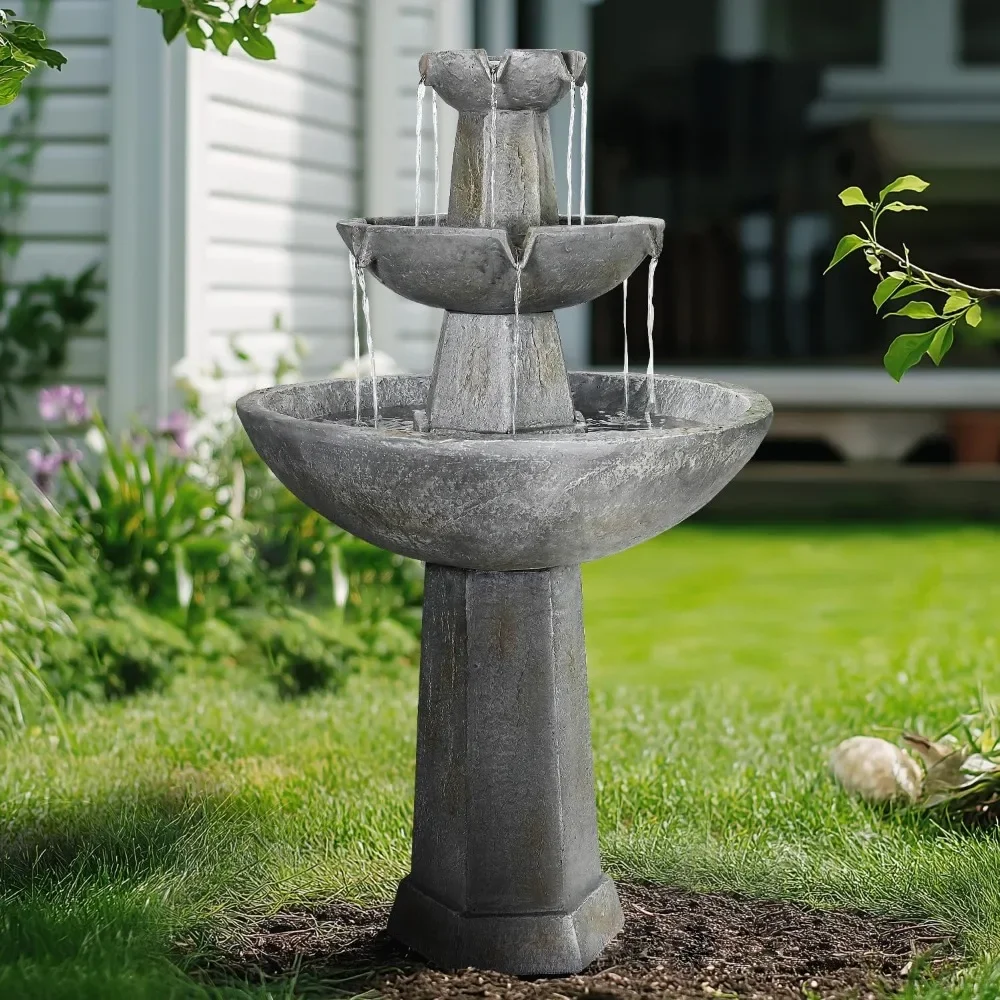 

43.3" High 3-Tiers Modern Concrete Outdoor Water Fountain - Round Large Outdoor Fountains and Waterfalls for Garden