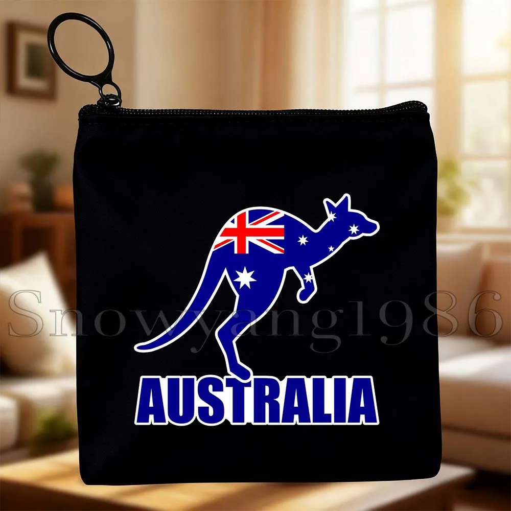 Sydney Australia Flag Map Adelaide Cute Kangaroo Australian Gifts Canvas Key Coin Purse Black Square Storage Card Bag Wallet