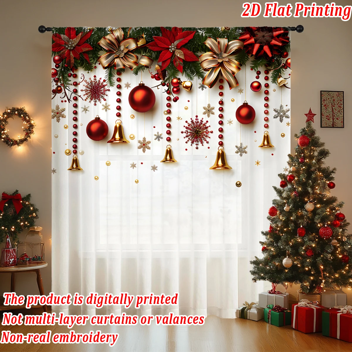 Christmas Flat Printing Sheer Curtain with Christmas baubles, snowflakes, bows, poinsettias, for Christmas Home Party Decor