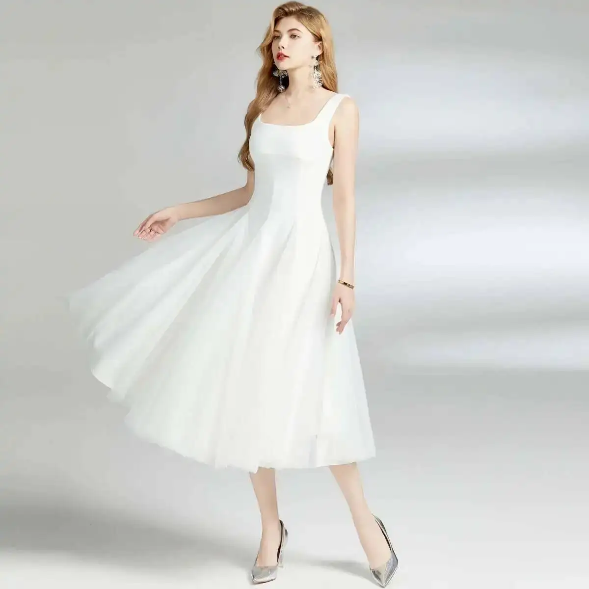 Summer Holiday Designer White Prom Wedding Dress Women  Sexy Backless Straps A Line Tulle Midi Long Vestidos Party Night Robe