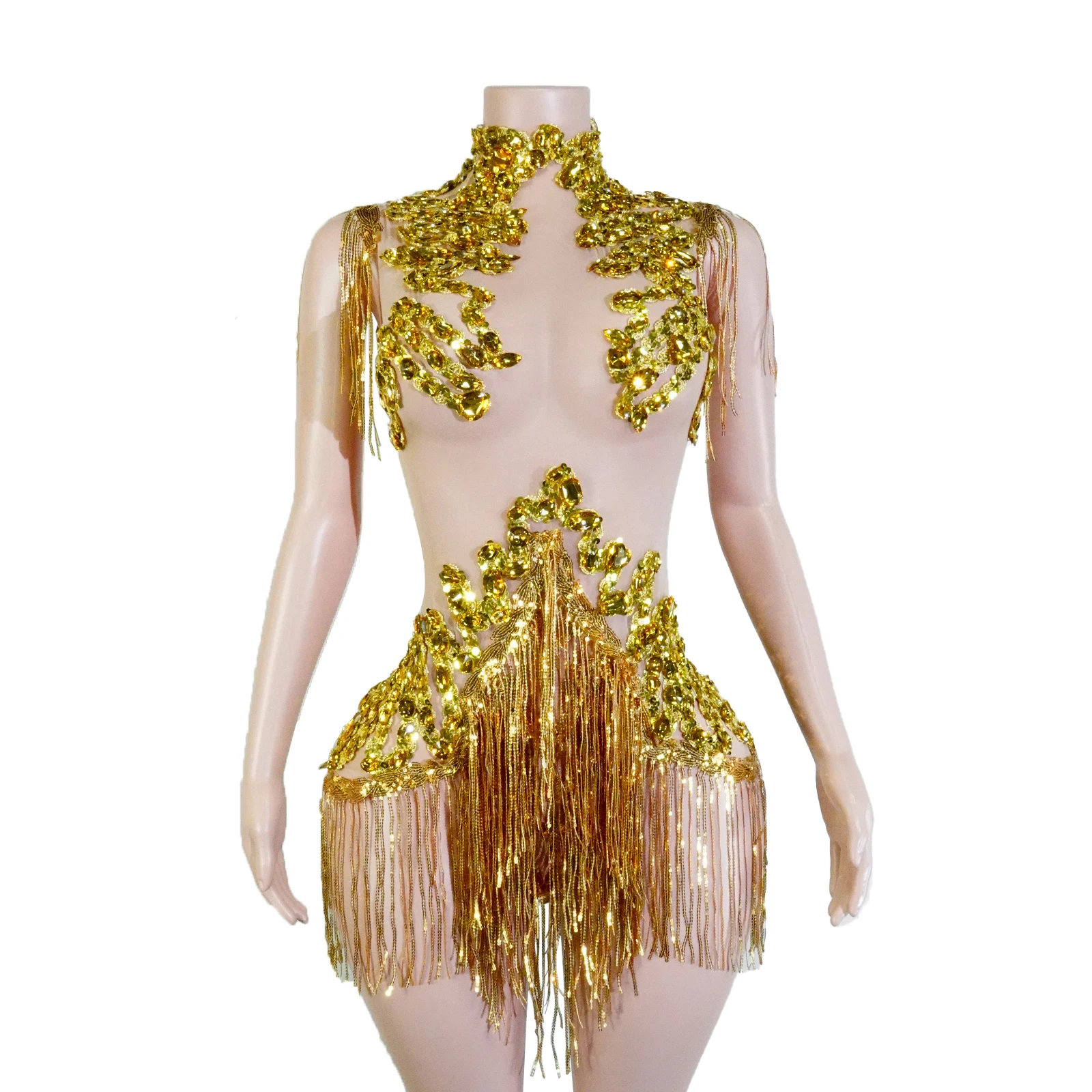 Zwarte pailletten franjes turnpakje mesh doorzichtige party bodysuit dames glittersteentjes nachtclub prom gogo dans podiumoutfits
