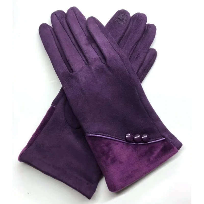 Women Winter Faux Suede Touchscreen Gloves Button Decor Thermal Full‑Finger Gloves for Outdoor Cycling Cold Weather